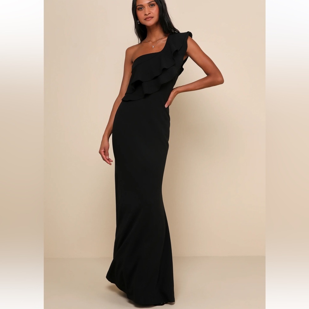 Lulus Grand Beauty Black Ruffled One-Shoulder Mermaid Maxi Dress Small - Picture 9 of 9